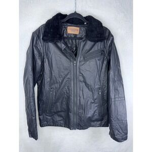 Comstock & Co Mens Black Waxed Cotton Leather Trim Sheared Lamb Fur Jacket M